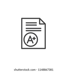Exam sheet with A plus grade outline icon. linear style sign for mobile concept and web design. Education simple line vector icon. Symbol, logo illustration. Pixel perfect vector graphics