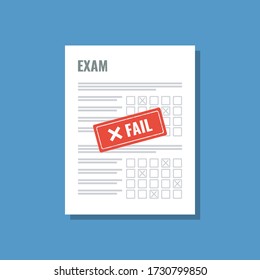 hoja de examen con sello rojo de falla, ilustración vectorial plana