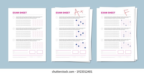 Exam Sheets Template 3 Realistic Test Pages Piles With Multiple Choice Answers Samples Blue Background Vector Illustration