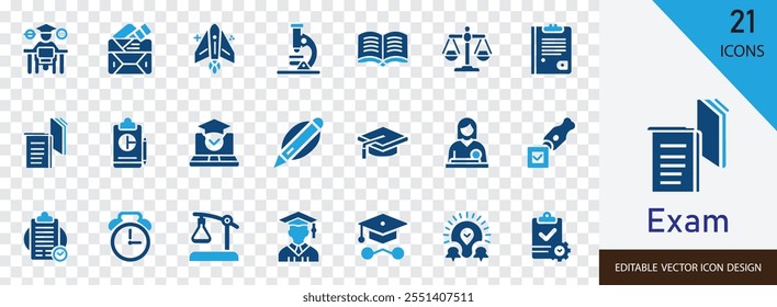 Exam solid icon collection set. containing study, examination, answer, pass, assessment, quiz and more vector design