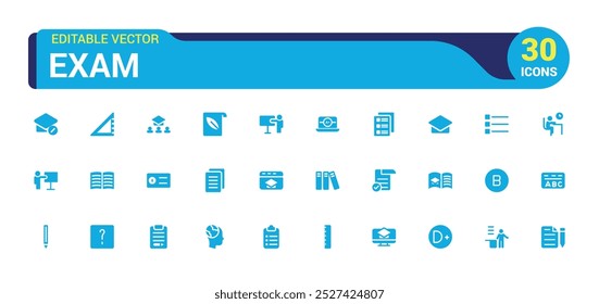 Exam solid icons set. Related to test, score, quiz, results. Glyph icon collection for web and ui. Filled icon pack, Vector illustration. Editable and pixel perfect.