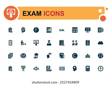 Exam solid icons set. Related to test, score, quiz, results. Glyph icon collection for web and ui. Filled icon pack, Vector illustration. Editable and pixel perfect.