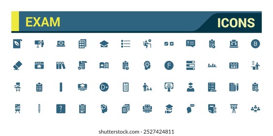 Exame de ícones sólidos definido. Relacionado a teste, pontuação, teste, resultados. Coleção de ícones de glifo para Web e interface do usuário. Pacote de ícones preenchido, ilustração de vetor. Editável e pixel perfeito.