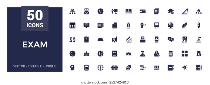 Exam solid icons set. Related to test, score, quiz, results. Glyph icon collection for web and ui. Filled icon pack, Vector illustration. Editable and pixel perfect.