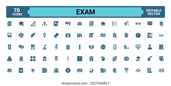 Exam solid icons set. Related to test, score, quiz, results. Glyph icon collection for web and ui. Filled icon pack, Vector illustration. Editable and pixel perfect.