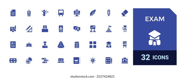 Exam solid icons set. Related to test, score, quiz, results. Glyph icon collection for web and ui. Filled icon pack, Vector illustration. Editable and pixel perfect.