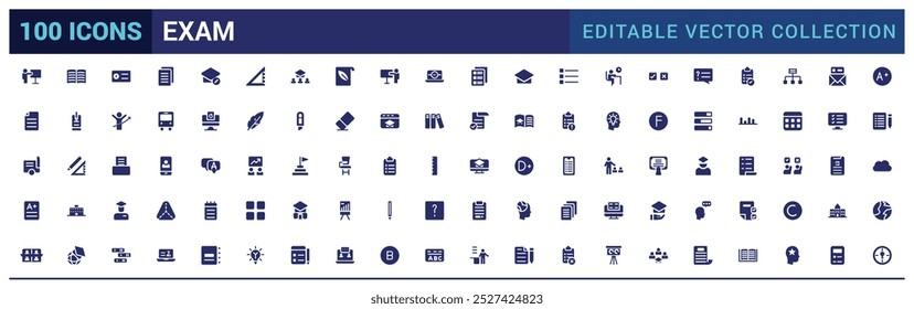 Exam solid icons set. Related to test, score, quiz, results. Glyph icon collection for web and ui. Filled icon pack, Vector illustration. Editable and pixel perfect.