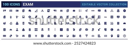 Exam solid icons set. Related to test, score, quiz, results. Glyph icon collection for web and ui. Filled icon pack, Vector illustration. Editable and pixel perfect.