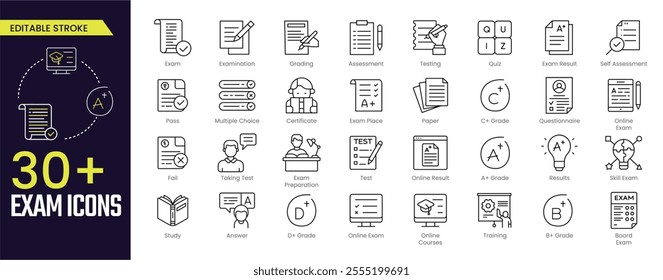 Exam Stroke icon collections. Containing Examination, Grading, Assessment, Testing, Quiz, Exam Result, Questionnaire, A Grade, Pass, and Fail icons. Editable Stroke icon collection Outline icon