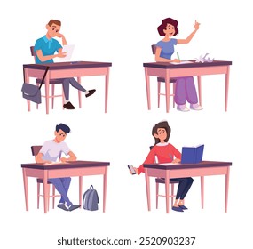 Exam. Student or pupils male and female sitting on the desk writing reading listening do exam exercises exact vector education concept pictures