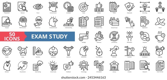 Conjunto de colección de icono de estudio de examen. Contiene preparación, revisión, enfoque, concentración, calendario, objetivos, revisión, icono de notas. Vector de línea simple.