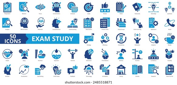 Conjunto de colección de icono de estudio de examen. Contiene preparación, revisión, enfoque, concentración, calendario, objetivos, revisión, icono de notas. Sencillo Vector plano.