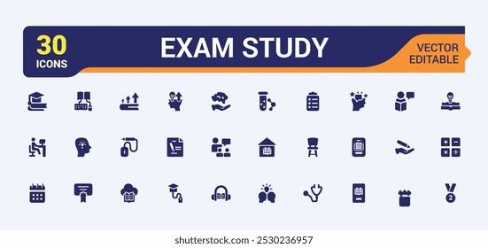 Exam Study solid Icons Set. Including books, learning, research, graduation, and education. Filled vector symbol collection. Editable icon for pixel perfect. Vector illustration.