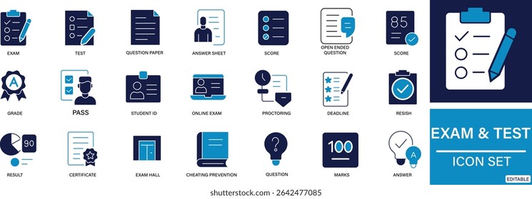 Exame e teste ícone definir educação, avaliação, teste e resultado.