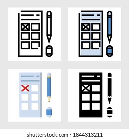 diseño vectorial de icono de prueba de examen en línea llana, delgada, contorno y plano.