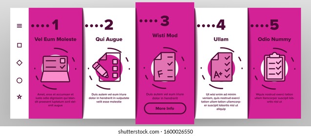 Exam Test Onboarding Mobile App Page Screen Vector. Examination Test List And Notebook, Online Education, Question Mark And Pencil Illustrations