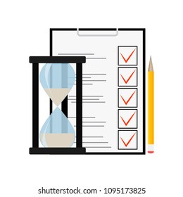Exam and test. School education questionnaire, check mark quiz, vector illustration