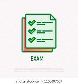 Exam thin line icon: list with checkmark. Modern vector illustration.