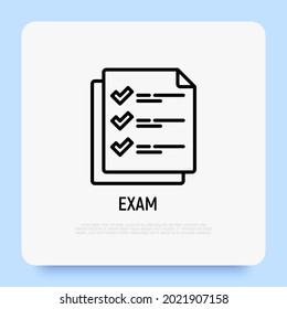 Exam thin line icon: list with check marks. Modern vector illustration.