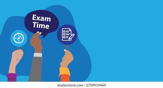 Exam time concept with hands holding icons and speech bubble, representing study, preparation, deadlines, and academic pressure in modern flat design style.