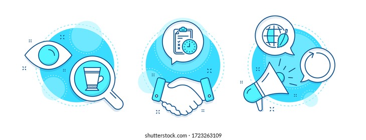 Exam time, Environment day and Latte line icons set. Handshake deal, research and promotion complex icons. Loop sign. Checklist, Safe world, Coffee beverage. Refresh. Vector