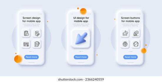 Exam time, Favorite mail and Job line icons pack. 3d phone mockups with cursor. Glass smartphone screen. World planet, Survey checklist, 5g internet web icon. Vector