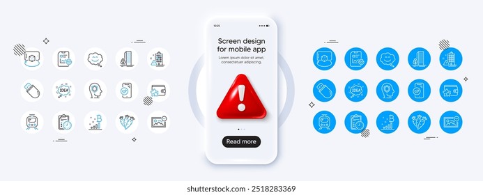 Tiempo de examen, programa de lealtad y eliminar los íconos de la línea de Imagen. Maqueta de teléfono con icono de peligro 3D. Paquete de edificios, gráfico de Bitcoin, icono de chat de sonrisa. Idea, memoria USB, pictograma de teléfono aprobado. Vector