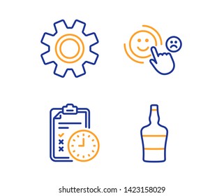 Exam time, Service and Customer satisfaction icons simple set. Scotch bottle sign. Checklist, Cogwheel gear, Happy smile. Brandy alcohol. Linear exam time icon. Colorful design set. Vector