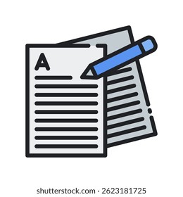 Exam Vector for School Test and Educational Assessment. Paper and pencil illustration for academic evaluation and quizzes. Filled Line Icon