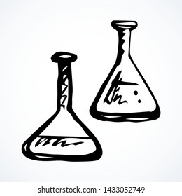 Examination analyse solution in conic vial isolated on white background. Web modern outline logo concept. Freehand black ink line hand drawn symbol sketch in retro doodle graphic style pen on paper