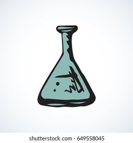 Examination analyse solution in conic vial isolated on white background. Web modern outline logo concept. Freehand black ink line hand drawn symbol sketch in retro doodle graphic style pen on paper