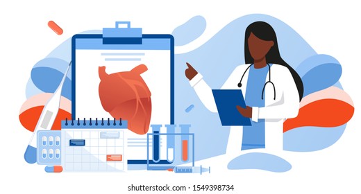 Examination, black skin cardiology doctor, circulatory system checkup. Heart disease human concept. Ischemic heart disease, coronary artery disease, risk with hypertension concept for banner, web site