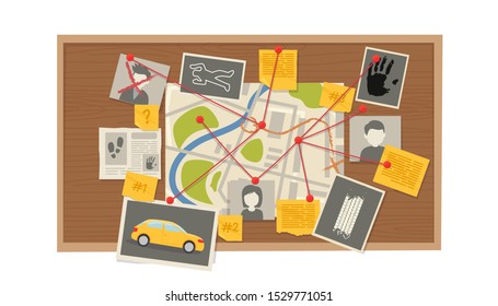 Examination board with attached photos, newspapers and notes. Detective board. Investigation. Vector illustration