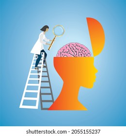 Examination of brain. Doctor, scientist standing on ladder with magnifying glass. Vector illustration. 