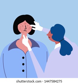 Examination by a doctor, a girl with acne, eczema, psoriasis. Vector editable file eps 10