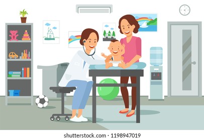 Examination by Pediatrician. Pediatric department in Hospital with Woman Doctor and Child during Examination. Doctor and Baby. Medical Health care Set. Vector Illustration in Flat style.