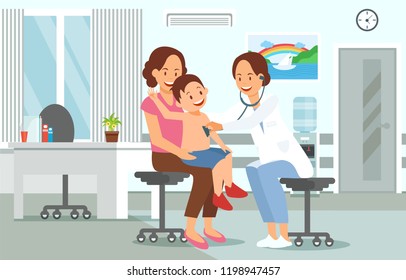 Examination by Pediatrician. Pediatric department in Hospital with Woman Doctor and Child during Examination. Doctor and Baby. Medical Health care Set. Vector Illustration in Flat style.