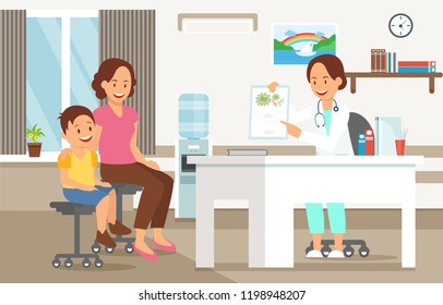Examination by Pediatrician. Pediatric department in Hospital with Woman Doctor and Child during Examination. Doctor and Baby. Medical Health care Set. Vector Illustration in Flat style.