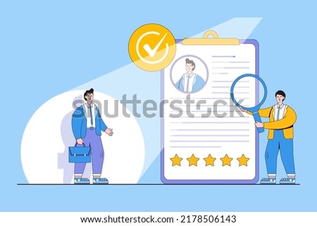 Examination of candidate resume by HR human resource manager, talent search, new staff, and vacancy job concepts. Professional candidate review under spotlight and experience research for employee.