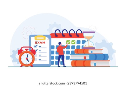 Concepto de examen, Prueba en línea, Concepto de educación ilustración plana, Personajes estudiantiles preparándose y enfrentándose en línea al examen.
