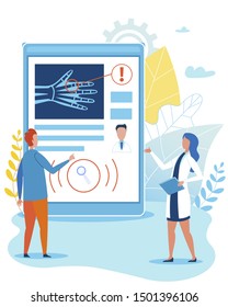 Examination and Cure Injured Hand Online via Mobile App. Cartoon Man Patient and Woman Doctor Discuss Arm Health State. Flat Huge Phone Screen with Medical Report. Smart Medicine. Vector Illustration
