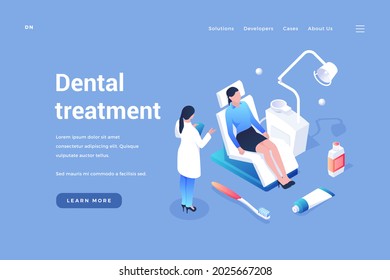 Examination and dental treatment. Dentist examines patients mouth. Medical prophylaxis and therapy of teeth and gums. Procedure for healthcare caries and periodontal disease. Homepage vector isometry