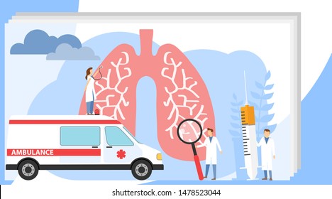 Examination of the human lungs. Pulmonology. The doctor listens to the lungs of a person. Vector illustration, vector.