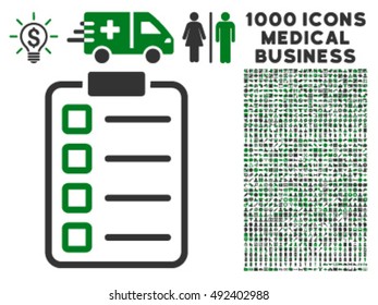 Examination icon with 1000 medical business green and gray vector pictograms. Design style is flat bicolor symbols, white background.