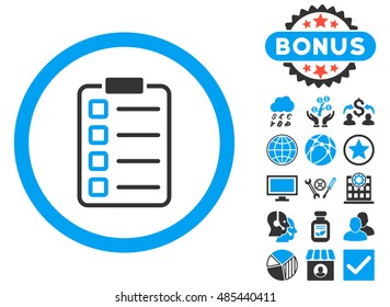 Examination icon with bonus design elements. Vector illustration style is flat iconic bicolor symbols, blue and gray colors, white background.