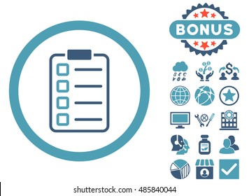 Examination icon with bonus elements. Vector illustration style is flat iconic bicolor symbols, cyan and blue colors, white background.