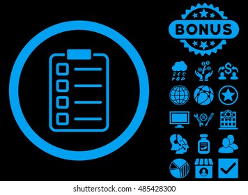 Examination icon with bonus pictogram. Vector illustration style is flat iconic symbols, blue color, black background.