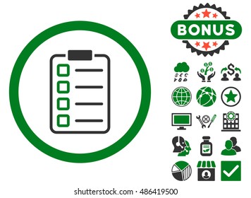 Examination icon with bonus pictogram. Vector illustration style is flat iconic bicolor symbols, green and gray colors, white background.