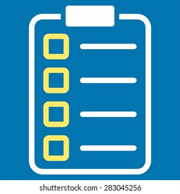 Examination icon from Business Bicolor Set. Vector style: bicolor flat symbol, yellow and white colors, rounded angles, blue background.