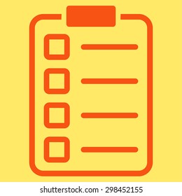 Examination icon from Business Bicolor Set. Vector style is flat symbol, orange color, rounded angles, yellow background.